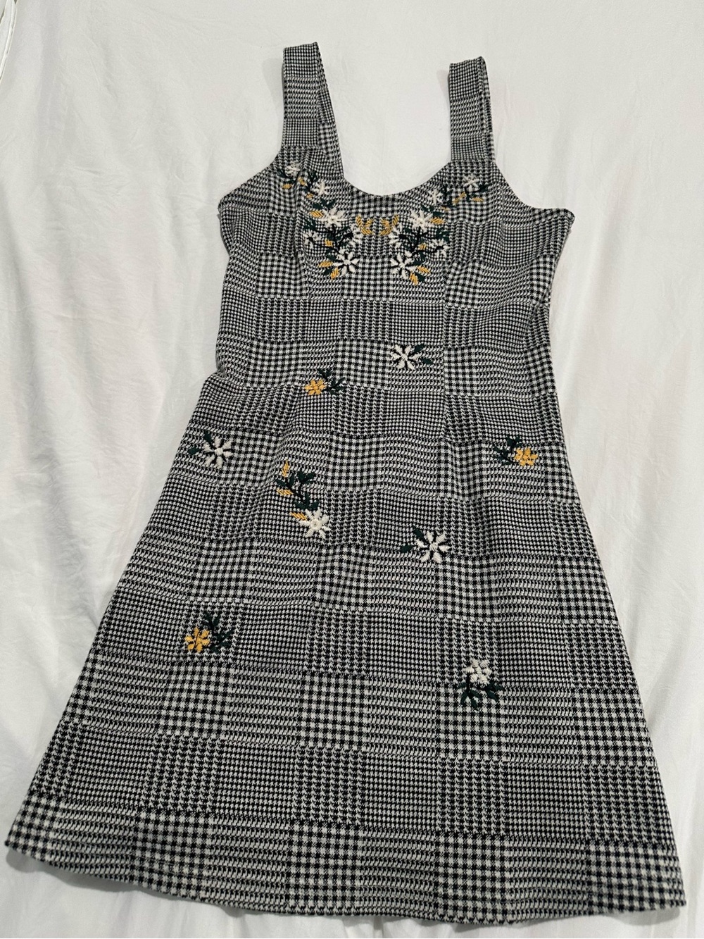 Topshop Black & White Plaid Midi Dress with Yellow & White Floral Embroidery